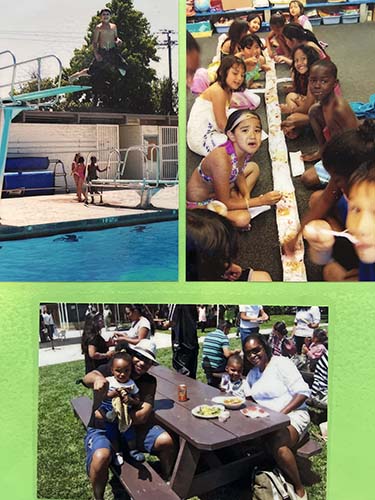 Three scrapbook pics of different activities: swimming pool, indoor food event, outdoor picnic