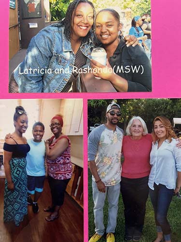 Three scrapbook pictures of small groups of smiling people