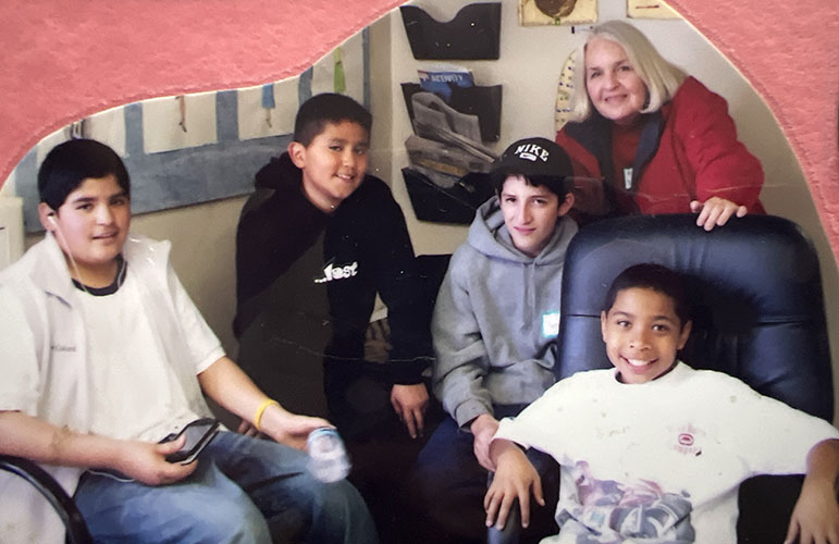 Four boys with Kathy Connolly