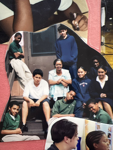 Scrapbook photo of students and adult